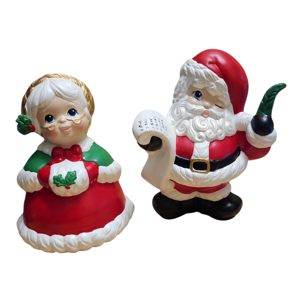 Vintage Winking Santa Mrs Claus Hand Painted Scrolls Gift List Figurines Ceramic